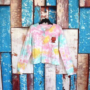 Women's Peanuts Juniors Snoopy Cropped Henley Top Button S, XL Tie Dye NEW